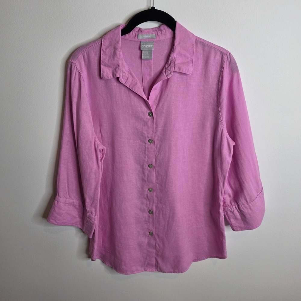 Chico's No Iron Linen Button Down Shirt Womens 0 (4) Pink